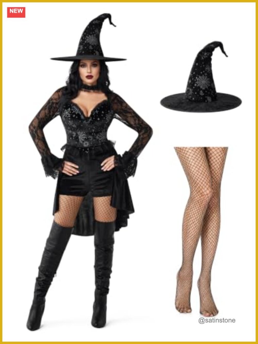 Women's Witch Costume 3-Piece Set Dress Hat Fishnet Polyester Halloween